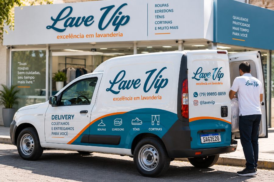 Van de delivery da Lave VIP em frente à loja, com entregador carregando as peças