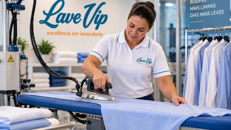 Profissional da Lave VIP passando uma camisa na passadoria a vapor